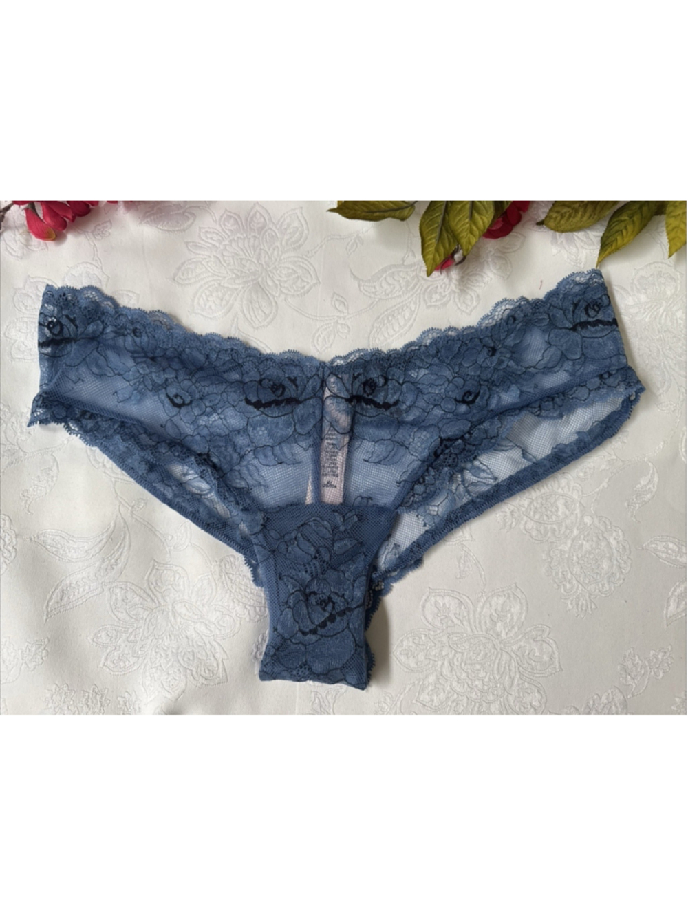 VICTORIA'S SECRET M SMOKEY BLUE ETCHED LACE HIGH LEG CHEEKY PANTIES NWT
